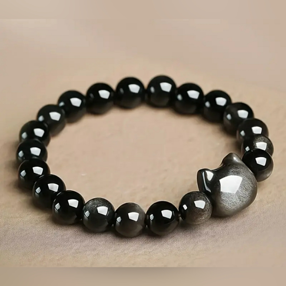 Obsidian cat’s face bracelet, stretchy women's bracelet. - Picture 2 of 6